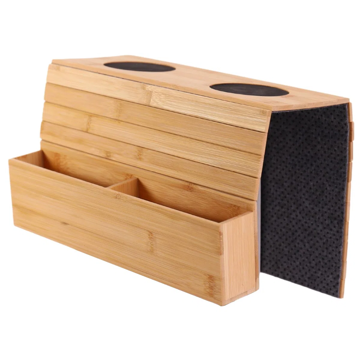 GOMETY Bandeja para Reposabrazos de Sofá de Bambú, Bandeja de Brazo Plegable Antideslizante con Portavasos, Mesa Auxiliar para Sofá para Bebidas Snacks Teléfono y Mando