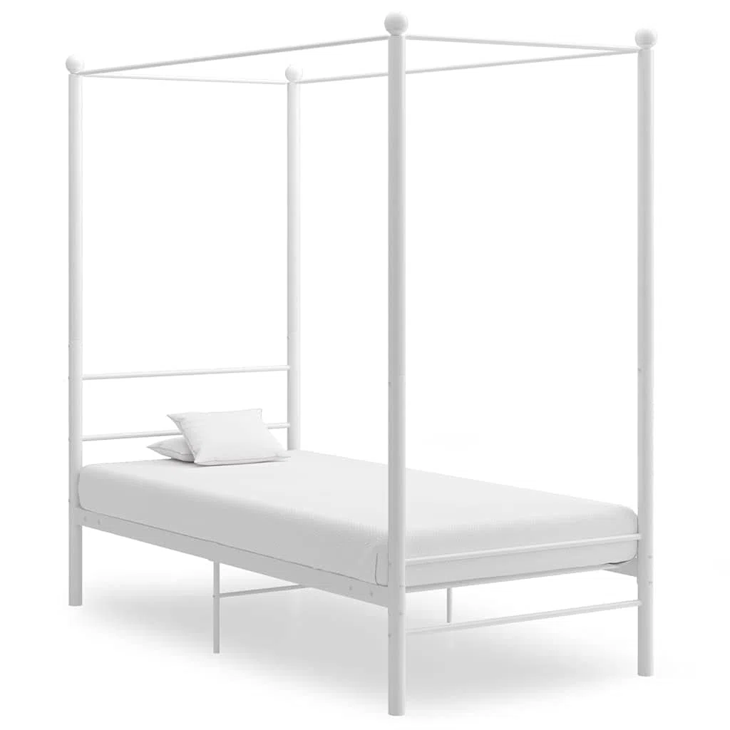 Cama con dosel de metal blanco, 100 x 200 cm, elegante estructura de cama con recubrimiento de polvo para mayor resistencia y durabilidad, 208 x 106 x 201 cm