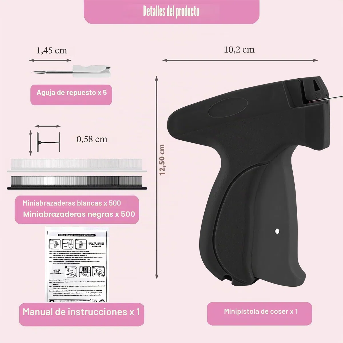 Pistola de coser a mano Mini – Máquina de coser portátil con 5 agujas + 1000 pinzas, reparación de rayos para ropa y cortinas, kit de costura de viaje para reparaciones textiles, negro