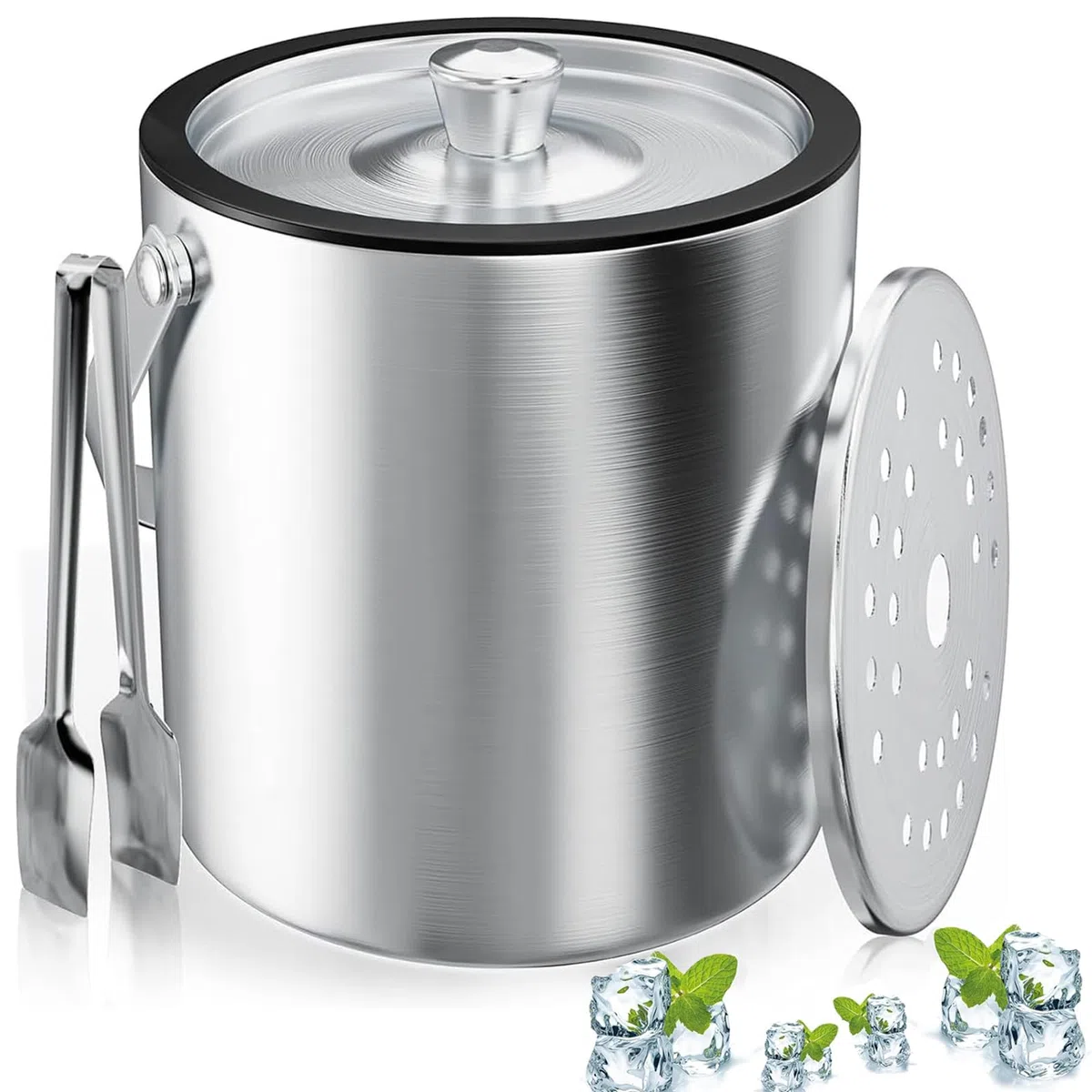 Cubitera, Cubitera Redonda con Tamiz y Pinzas Para Hielo, Recipiente Para Cubitos de Hielo de 2 Litros, Cubitera de Acero Inoxidable, Enfriador de Cubitos