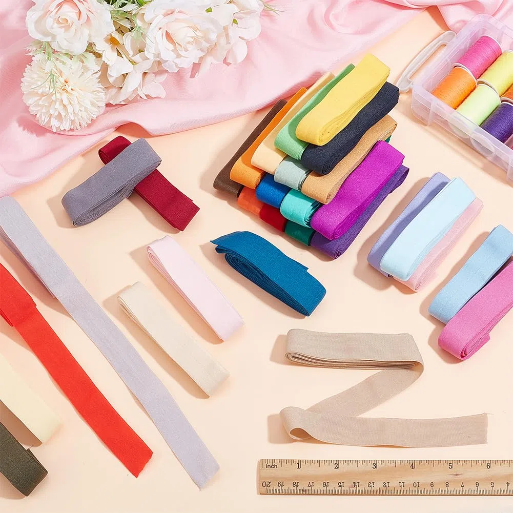 PH PandaHall Cinta elástica al bies de 30 colores, cinta de encuadernación al bies de un solo pliegue de 20 mm, tela de costura elástica, accesorios de ropa para costura, acolchado, dobladillo