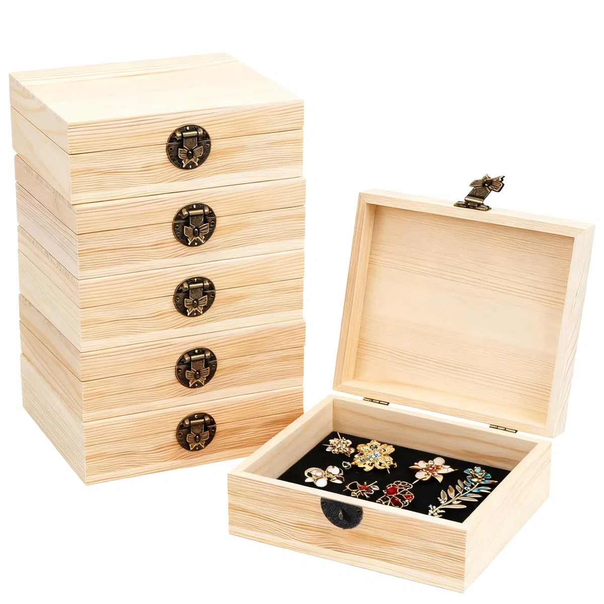 GBKDQQ 6 cajas de madera con tapa, 15 x 10 x 5 cm, caja pequeña de madera con bisagras y cerradura, caja de almacenamiento, caja de joyas, cofre del tesoro de madera para envolver regalos
