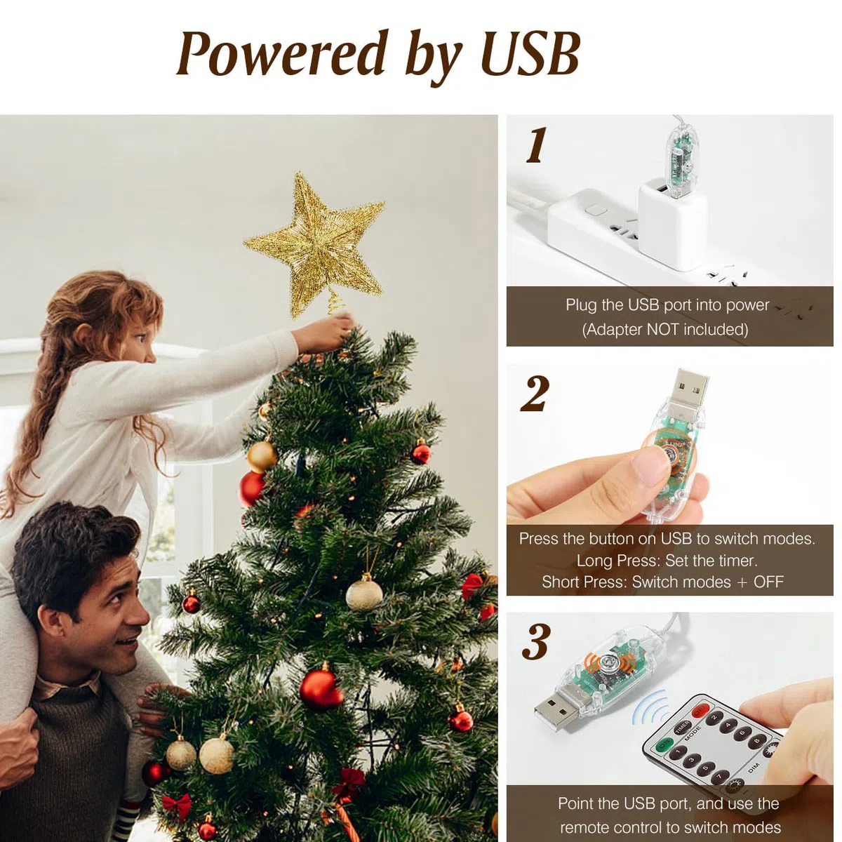 Estrella de Cinco Puntas para Árbol de Navidad, Adorno Brillante con Luces LED USB y Mando a Distancia, Oro