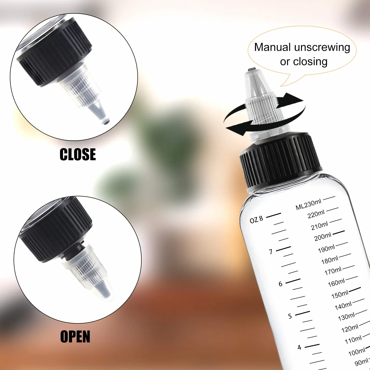 Botellas De Distribución De 250 Ml 5 Piezas Con Tapón De Torsión Negro Squeeze Bottle Boquilla Con Escala Con 1 pegatina, Buenas Para Líquidos, Los Citos, Los Aceites