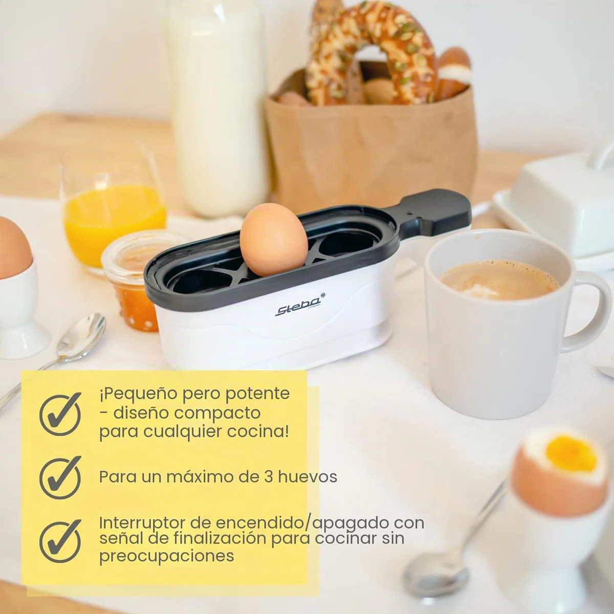 Cocedor de huevos Steba para un máximo de 3 huevos con señal en el extremo y tapa transparente. EK 4.