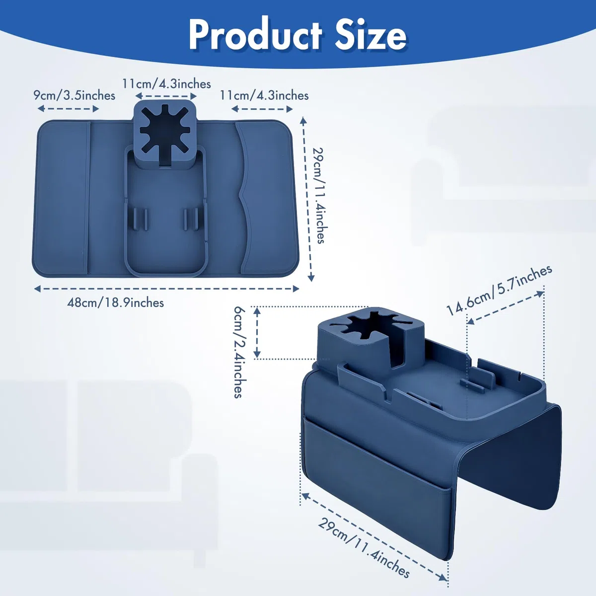 Reposabrazos Sofa Silicona Antideslizante, Bandeja Sofa con Soporte Móvil y Tablet, Organizador de Mando, Bandeja Reposabrazos Sofa de Brazo con Portavasos, Impermeable para Bebidas (Blue)