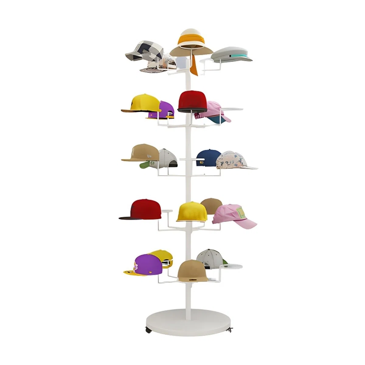 Expositor de Sombreros, Estante de Almacenamiento de Sombreros de 4, 5, 6 y 7 Niveles, Torre de exhibición de Gorras de Metal Independiente con Ruedas giratoria,White-5