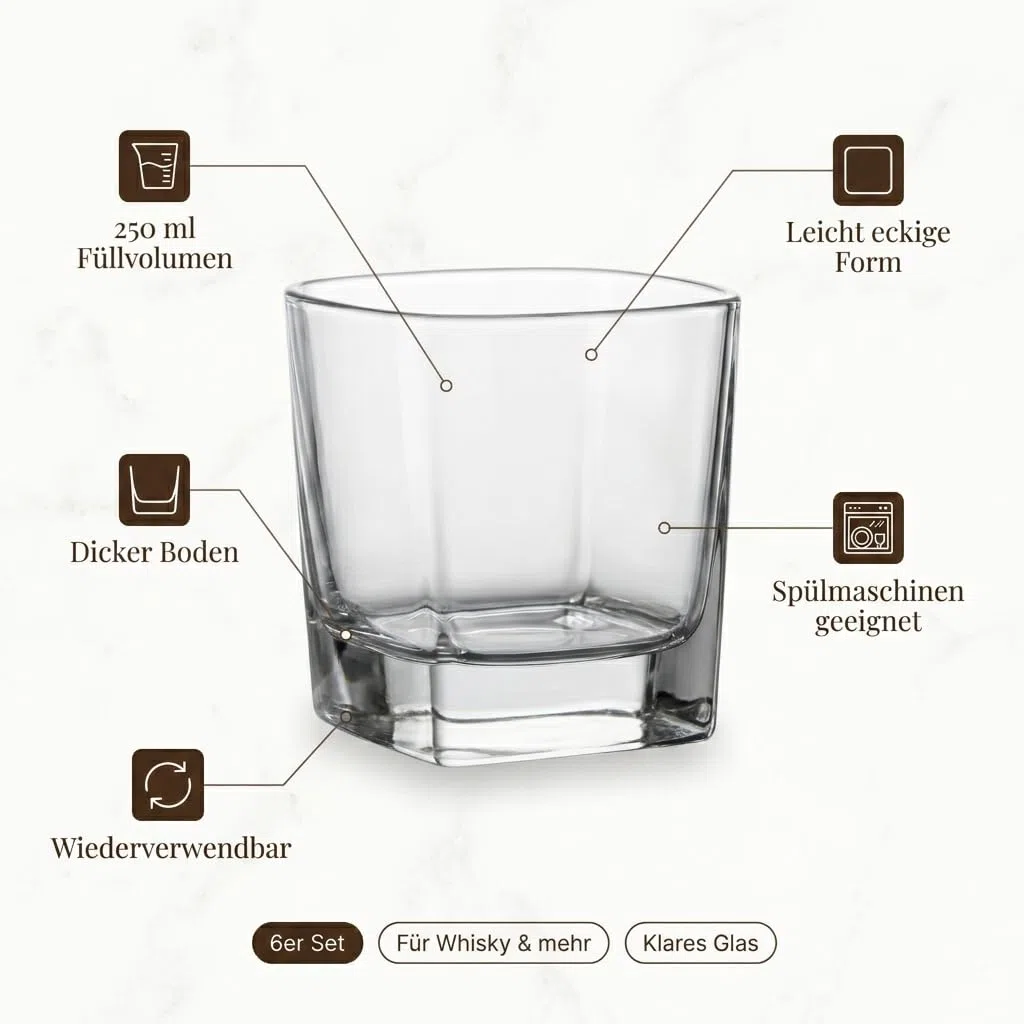 Gouveo Juego de 6 Vasos de Cristal de 250 ml - Vasos de Whisky y Coñac, Diseño Ligeramente Cuadrado - Set de Regalo para Hombres y Amantes de las Bebidas Finas