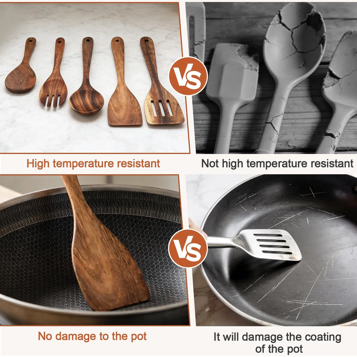 Juego Utensilios de Cocina Madera Acacia 5 Piezas con Espátula Cucharón Cuchara para Arroz Tenedor de Ensalada Compatible con Sartenes Antiadherentes incluye 5 Ganchos para Cocina Hogar