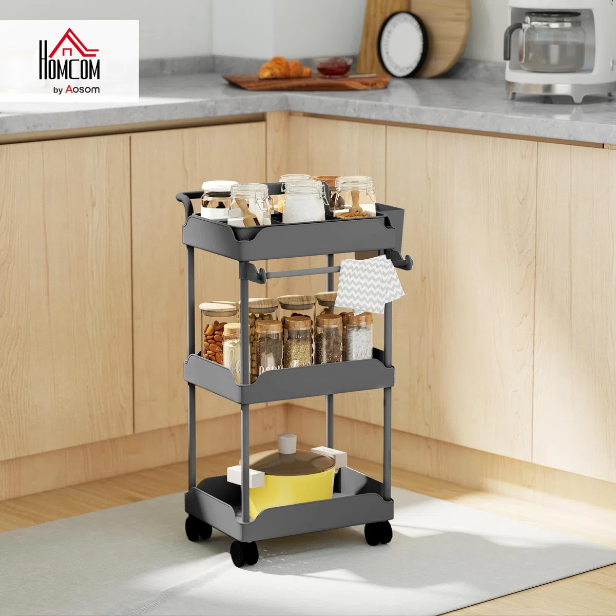 HOMCOM Carrito Auxiliar con Ruedas de 3 Niveles, Carrito de Cocina con Cestas Extraíbles, Ruedas con Freno, Soporte para Toallas y Marco de Metal, para Comedor, Salón, Baño, Oficina, Gris