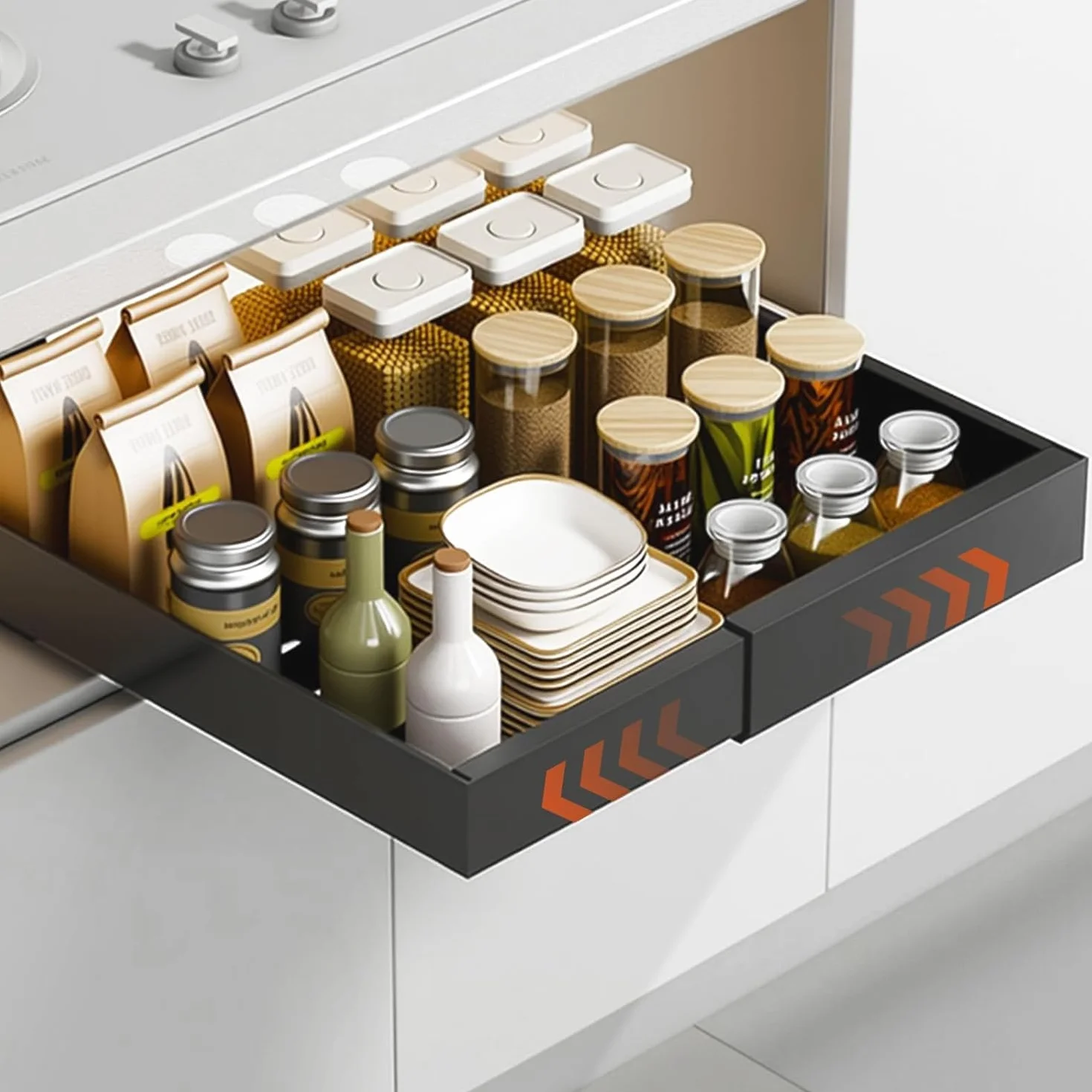Cajones Extraibles Para Cocina,Bandeja Armario Telescópico Adhesivos,Cajones Deslizantes Para Cocina,Ancho Ajustable De 32 a 53 Cm Con Riel Autoadhesivo Silencioso,No Requiere Taladrar Ni Clavar