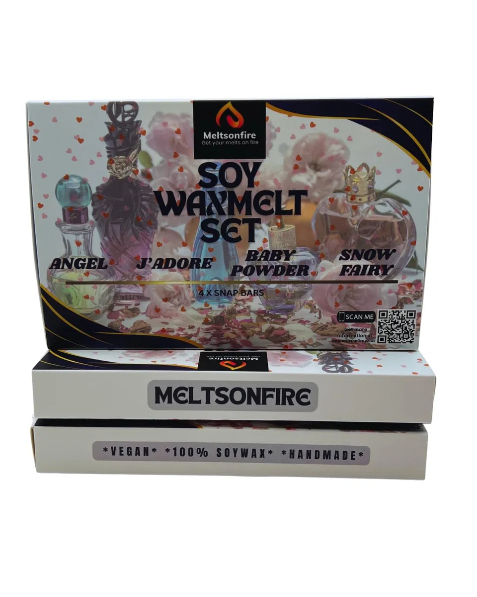 meltsonfire Cera para derretir – 4 barras a presión – (ángel, talco de bebé, J'Adore, hada de nieve) – cera de soja perfumada que se derrite vegana