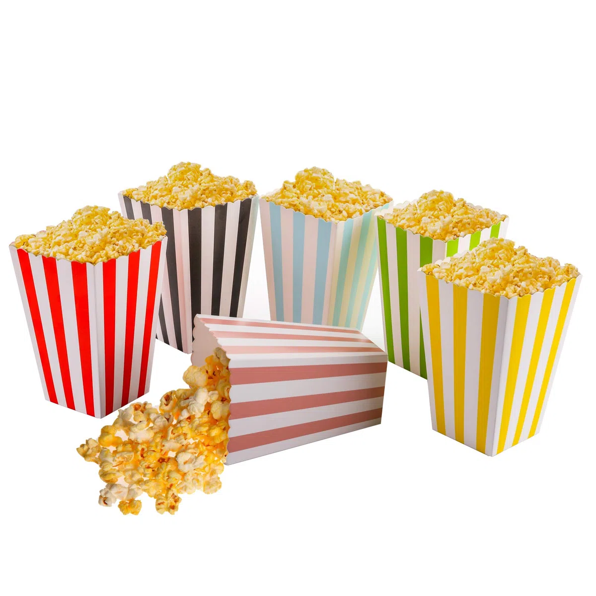Bekith Paquete de 120 cajas de palomitas de maíz para fiesta de cine, cajas de palomitas de maíz a rayas coloridas, recipientes pequeños de papel ideales para cine en casa, fiesta de carnaval