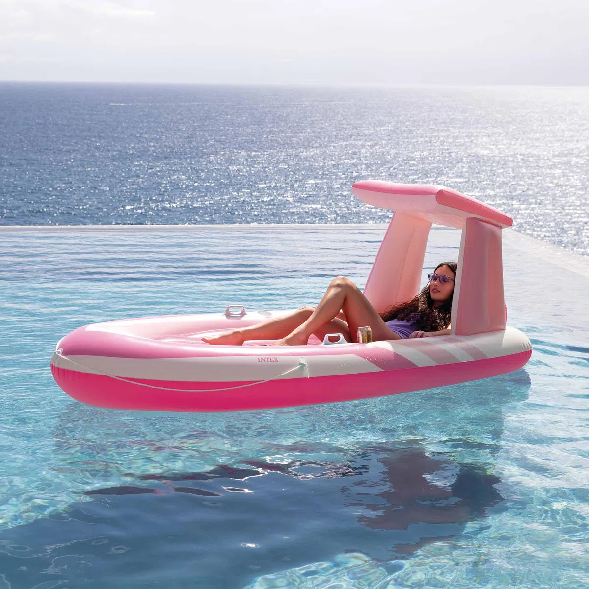 Intex Colchoneta Hinchable Pink Paradise con Parasol y Porta Bebidas, 244 x 119 x 97 cm, Asas de sujeción y Cuerda de Seguridad perimetral, Vinilo Resistente, Incluye Parche, Máx 100 kg, +14 años