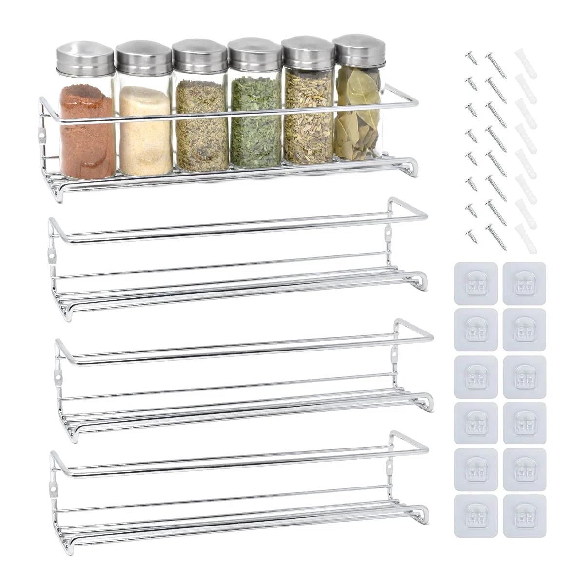 joeji's Kitchen Especiero de cuatro niveles | Especiero de cocina | Organizador de condimentos para estante de cocina | Organizador de especias para colgar en la pared | Plata