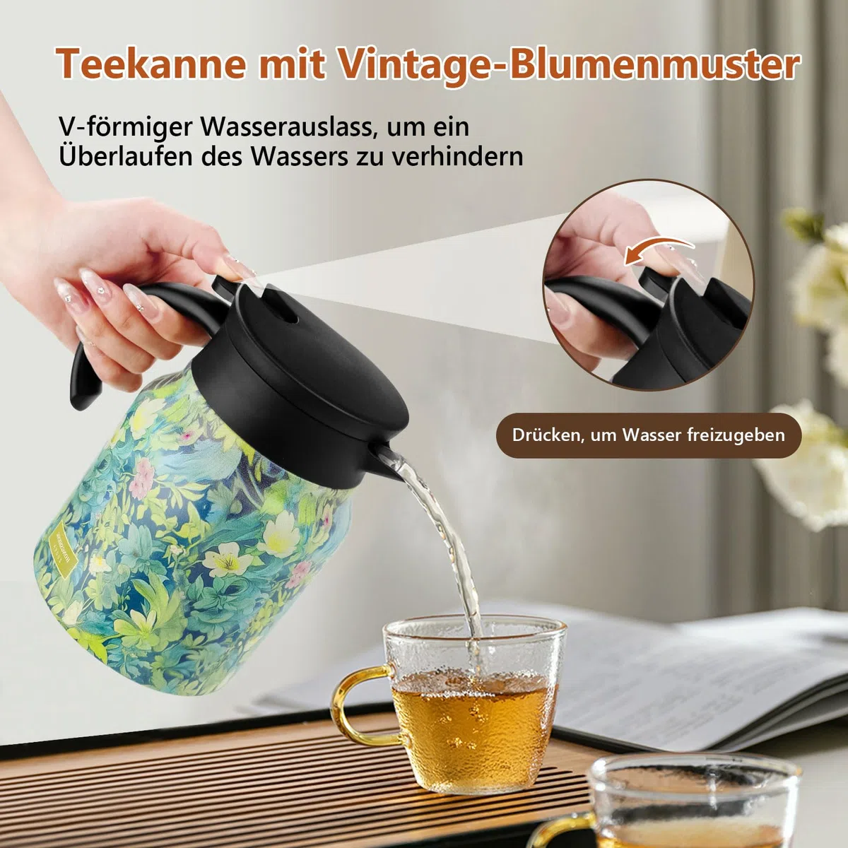 Termo vintage con estampado floral de 1000 ml y colador, jarra térmica de acero inoxidable 316, tetera aislada para cocina, hogar y apartamento