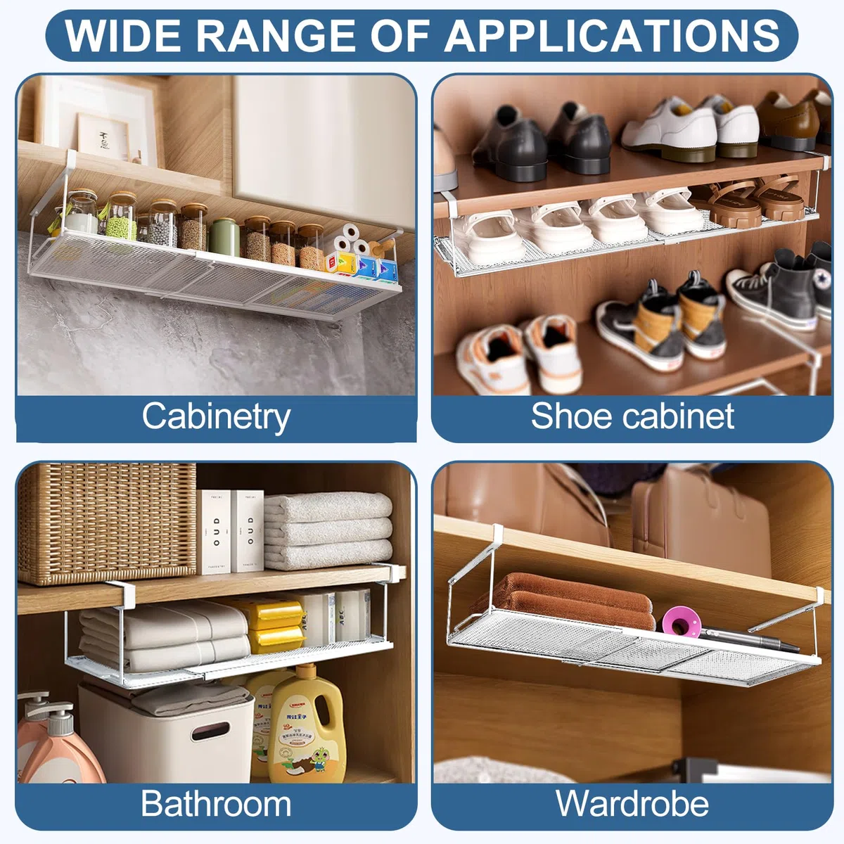 Cesta Colgante Extensible | Organizador Armario Cocina | Cesta Colgante de Metal para Estante Inferior Ajustable de 38-70 cm para Armarios de Cocina, Despensa, Zapateros y Armarios (Blanco)