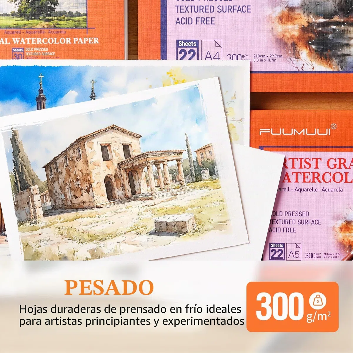 Papel Acuarela A4-100% algodón, 22 hojas de 300 g/m², Sin ácidos, Prensado en frío, Bloc de 4 Caras encolad, Bloc Acuarela | Papel de Acuarela para Acuarela y Dibujo, Watercolor Paper