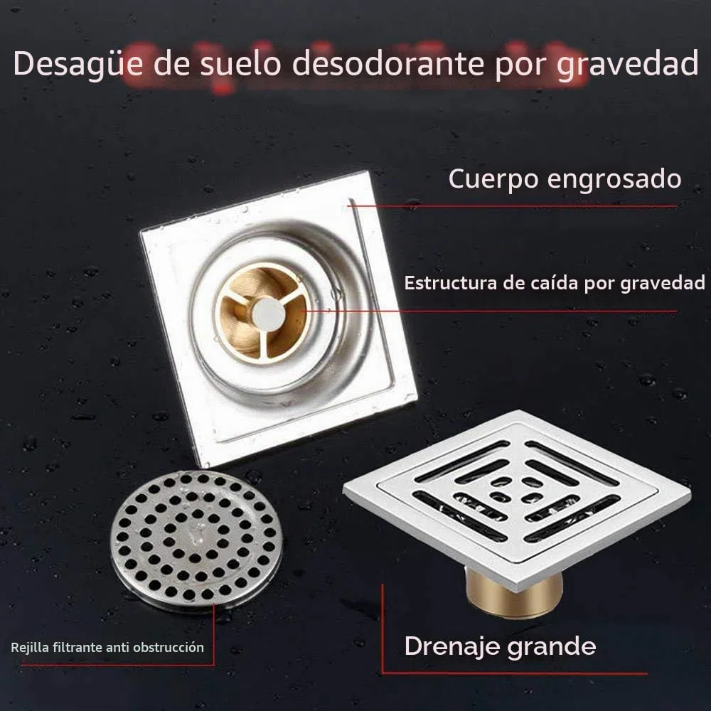 Drenaje de Ducha Cuadrado Sifón de Suelo antiolor, Acero Inoxidable Drenaje de Suelo con Filtro para Cuarto de baño jardín (100 mm x 100 mm)