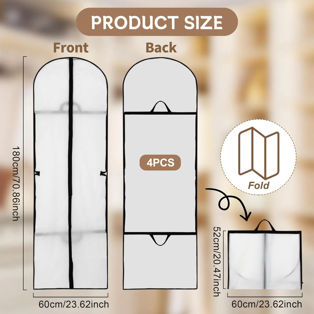4 Piezas Fundas Ropa 60 x 180 cm, Portatrajes Largos, Plegable Fundas de Ropa Blanco, a Prueba de Polvo, Impermeable, Resistente, Bolsa de Ropa de Boda, Bolsa de Ropa de Vestido de Noche