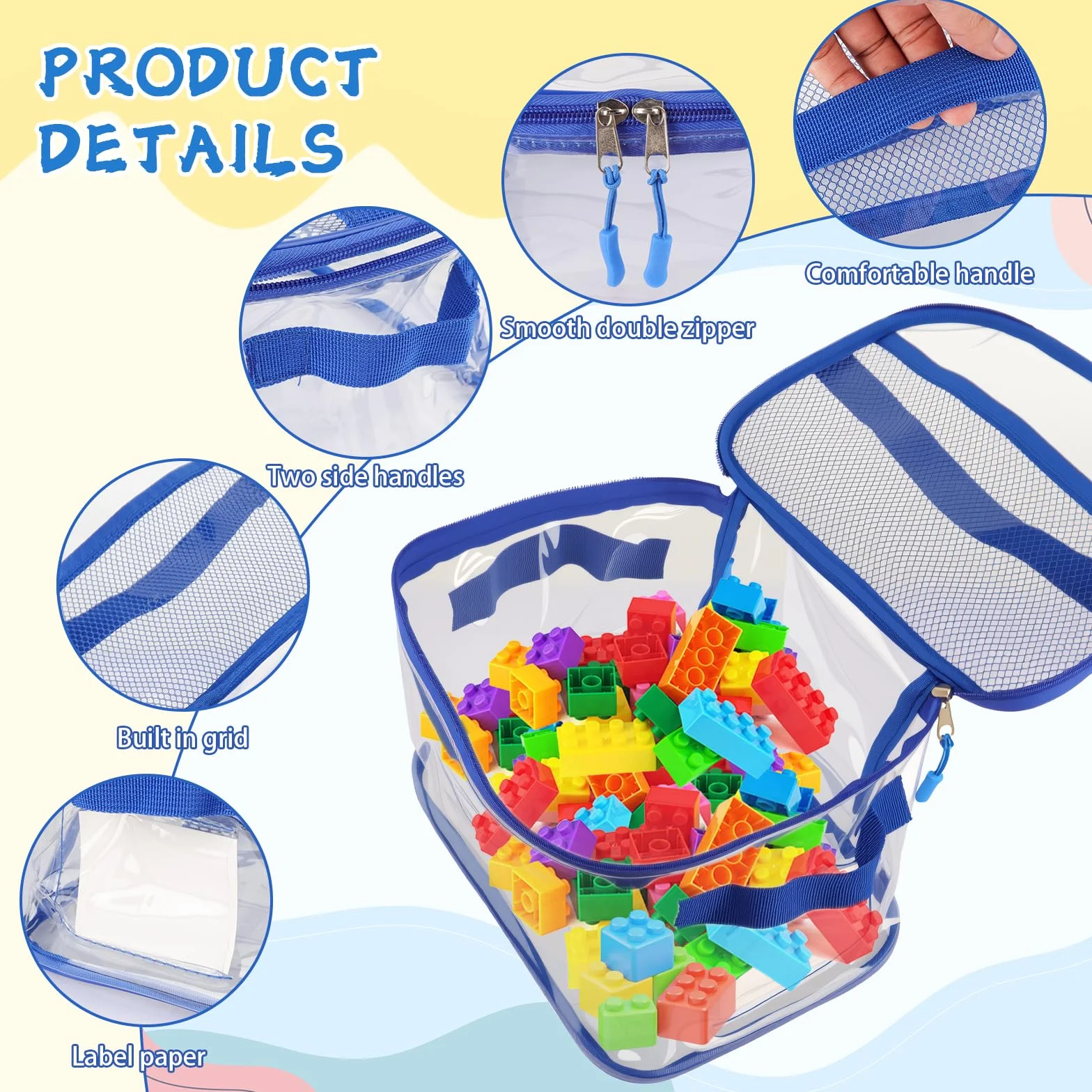 6 bolsas de almacenamiento de juguetes, bolsas de almacenamiento impermeables de PVC transparente con doble cremallera, contenedor con asa, bolsa de aseo de viaje reutilizable, organizador de juguetes