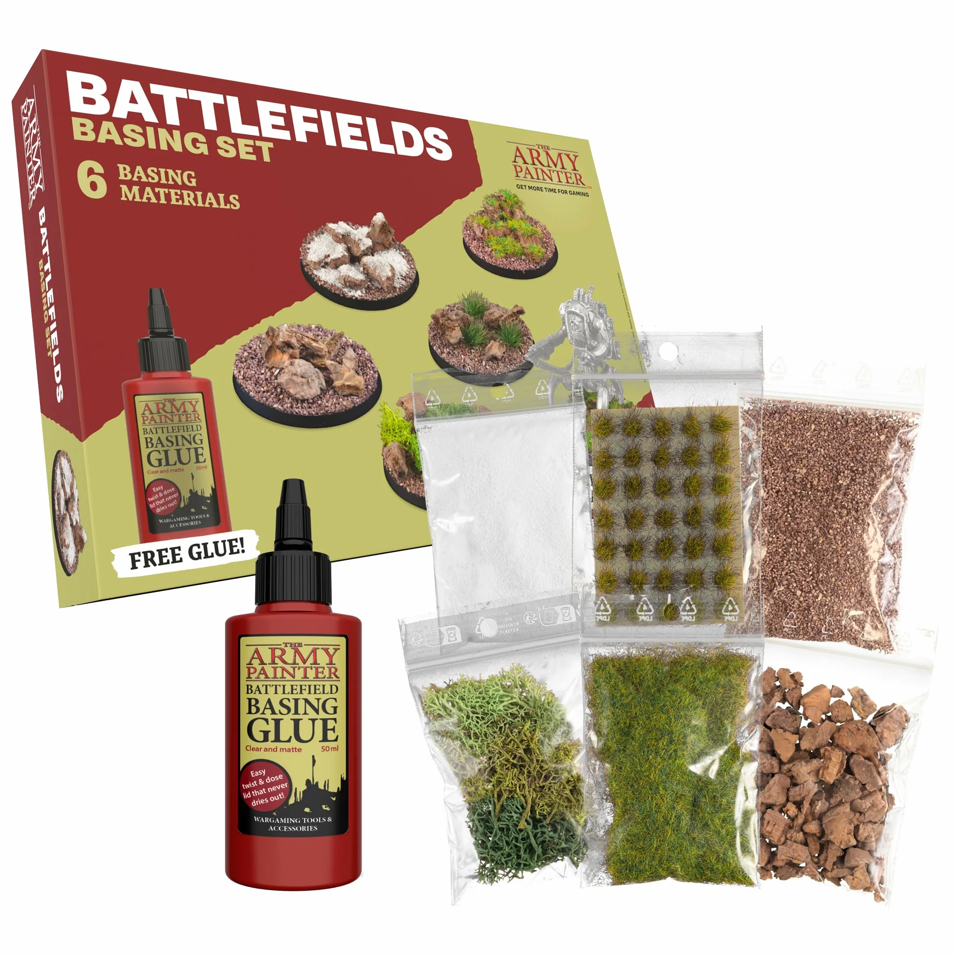 The Army Painter Battlefields Basing Set, 50ml Pegamento Miniaturas Pva, 35 Mechones Verdes, 1 Caja De Musgo, Campo De Batalla Marrón, Maleza De Verano Y Rocas De Batalla Para Warhammer 40k