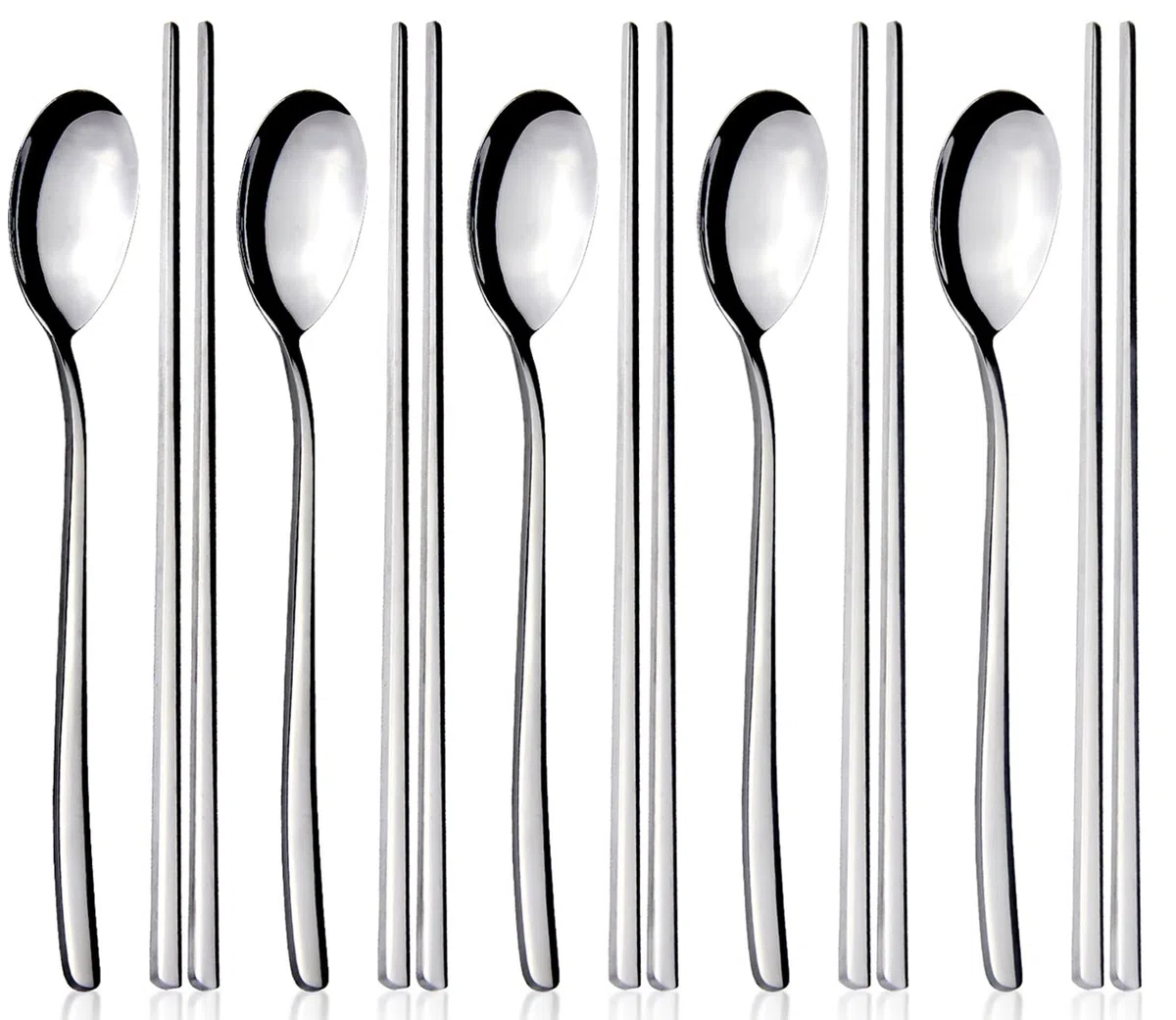 Juego de 5 pares de Palillos y Cucharas, YFWOOD 10 piezas de Palillos y Cucharas Coreanos de Acero Inoxidable, Reutilizables, Metal Plano, Mango Largo, para el Hogar, la Cocina o el Restaurante