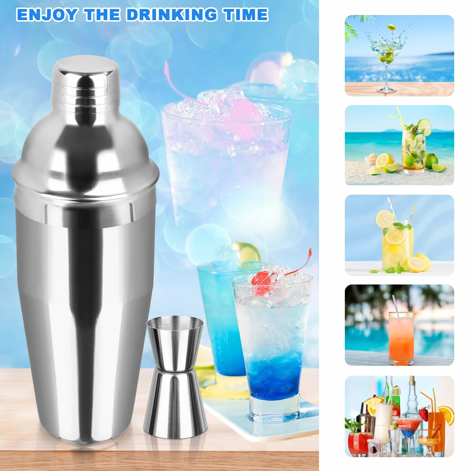 750ML Coctelera, 5 Piezas Juego de Cocktail Shaker INOX, coctelera Profesional Herramientas con Medidor, Cuchara, para Mezclar Bebidas, Hogar, Barra, Fiestas (Plata)