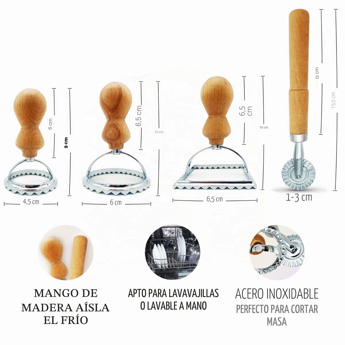 Plantvibes 3 cortadores de Ravioli con mango de madera y 1 cortador redondo - fácil de usar - ideal para pastelería