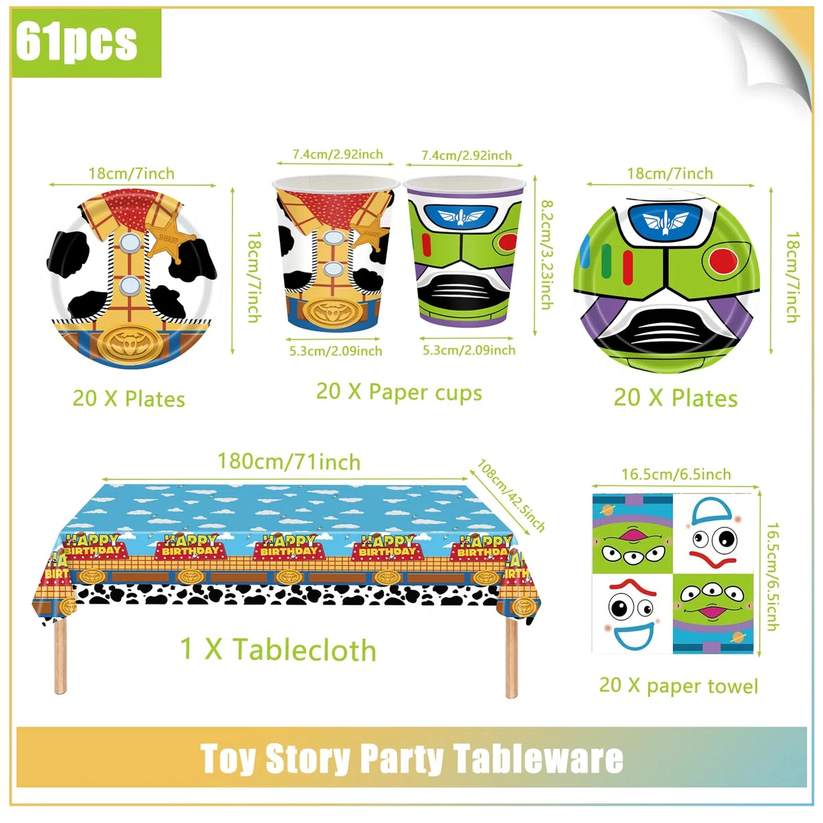 Juego de vajilla para fiestas Toy Story de 61 piezas, decoraciones para fiestas de cumpleaños infantiles, que incluye vasos, platos, manteles y servilletas, con capacidad para 20 invitados