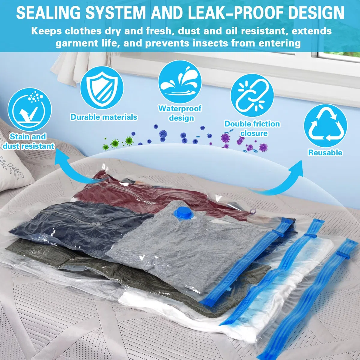 Bolsas Vacio Ropa con Bomba Eléctrica, 15 Bolsas de Vacio 3x100*70cm, 3x80*60cm, 4x70*50cm, 5x60*40cm, Reutilizable Vacuum Storage Bags, Bolsa Vacio Ropa para Mantas, Edredones, Colchas