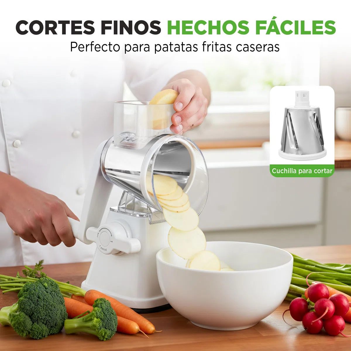 Nutrichef rallador de manivela y desmenuzador de queso 3 en 1, Base de succion fuerte, Mango giratorio con bloqueo de seguridad, Incluye tres cilindros intercambiables: fino, medio y tiras