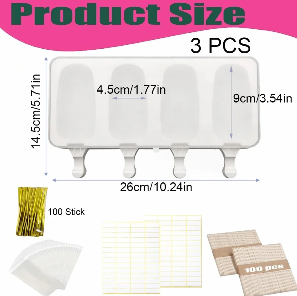 3 Moldes Para Helados con tapa, Molde de silicona para helado, Incluye 100 palitos de helado 100 bolsas para envolver, 100 cintas y 100 pegatinas, para helados congelados para hacer tú mismo
