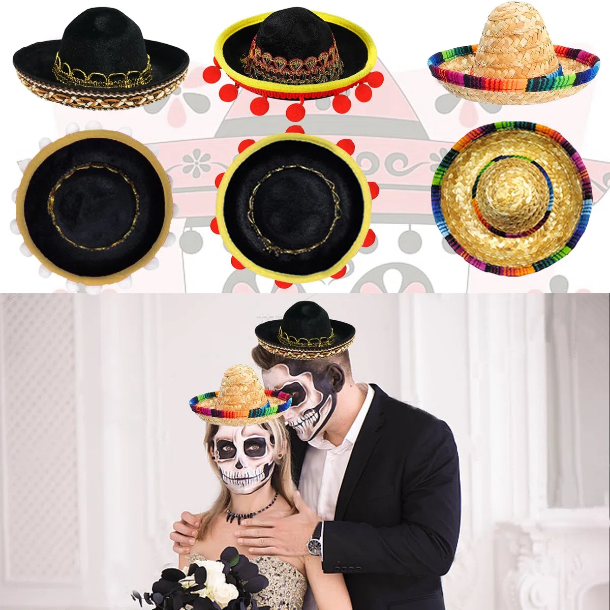 Juego De 6 Sombreros De Paja Del, MéXico PequeñOs Sombreros, Bola De Borla Y Diadema, Diadema De Paja, DecoracióN TemáTica Mexicana Y Recuerdos De