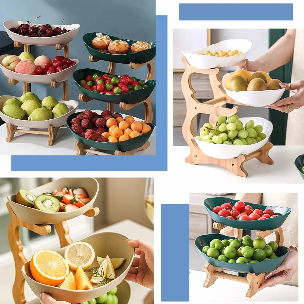 Cesta de frutas de 2 niveles, estante para verduras, cesta de pan, estante de madera de polipropileno, bandeja de servir, cestas de frutas, estante de almacenamiento de verduras para cocina, hogar