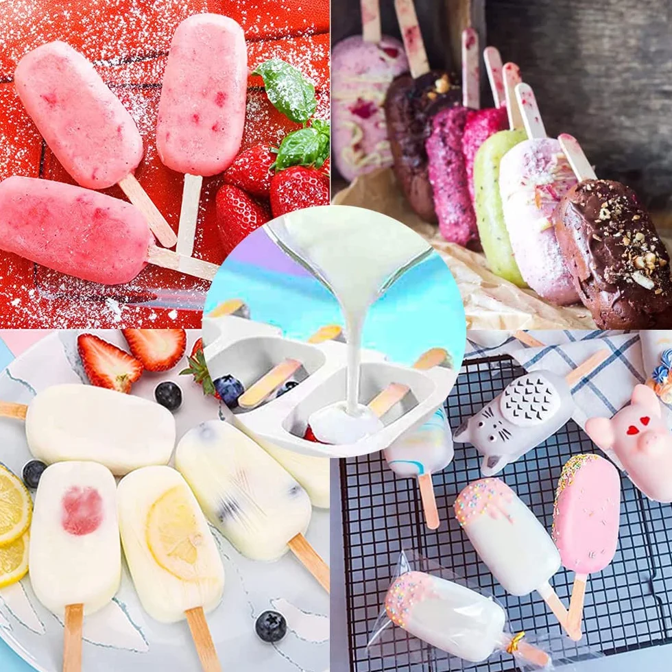 Moldes de Helado, 3 Pack Molde de Helado de Silicona con 100 Palos Madera, 100 bolsas de embalaje, 100 ligamentos, 100 etiqueta,sin BPA, Para postres helados o chocolates caseros (C)