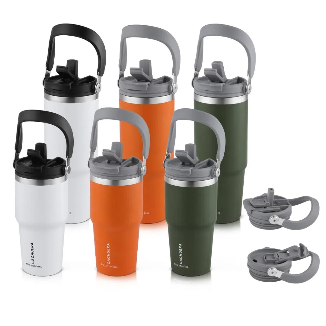 Vaso térmico de acero inoxidable CACHUERA: doble pared, tapa 2 en 1, termo, colores vibrantes. Conserva el calor 8 hs y el frío 15 hs. Disponibles en dos tamaños (NARANJA, 600)