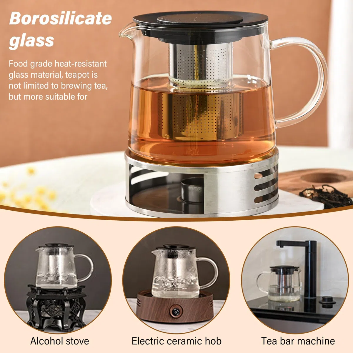 Tetera, 1,5 L, tetera de vidrio borosilicato, tetera de cristal, jarra de cristal con colador de acero inoxidable, protección contra sobrecalentamiento, jarra de cristal con tapa para té suelto, té de