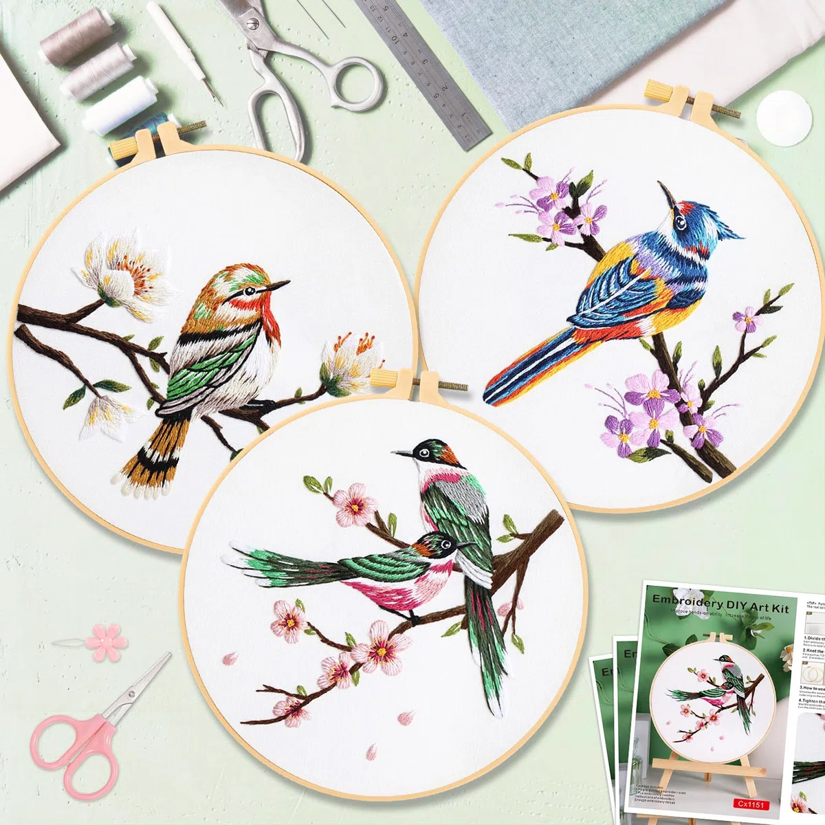 JSRQT 3 Piezas Kit Bordado Embroidery Kit Pájaros Floral Plantas Kit de Bordado Principiantes Punto de Cruz Completo Bordadora Aguja Magica de Bordar Manualidades Adultos para Adulto Principiantes