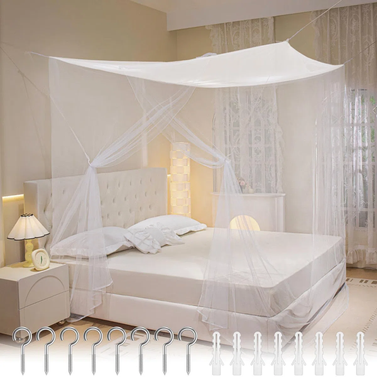 Mosquitera Cama Matrimonio Individual,Grande Dosel Cama Mosquitero,Mosquito Net for Bed Dosel con Kit de Montaje,Blanco Portátil Poliéster Malla Fina Mosquitera Viajes para y Hogar 200x180 x165cm