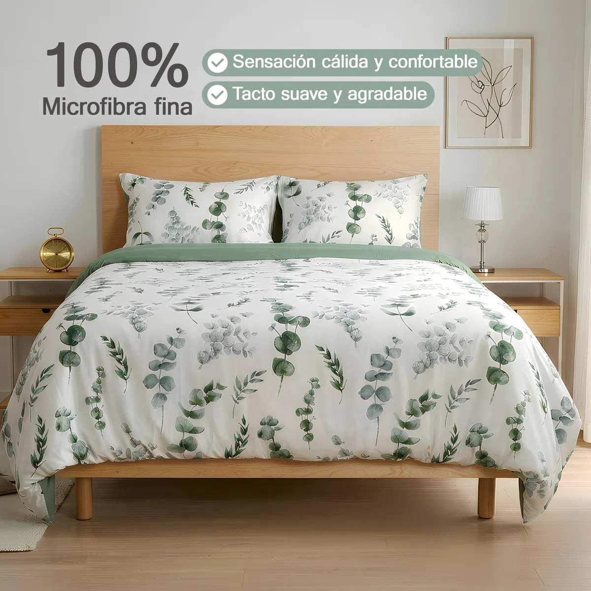 Etrexonline Juego de Funda Nórdica 3 Piezas para Cama 90 - Funda Edredón 150x220 cm, Sábana Bajera 90x200+30 cm, Funda de Almohada 50x90 cm - Microfibra Suave y Transpirable - Eucalipto