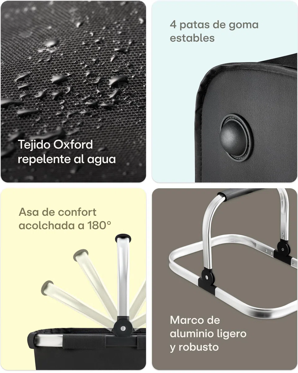 Praknu Cesta de La Compra Plegable Grande – 2 en 1 Expandible de 25L a 35L – Tejido Lavable – Estable con Marco de Aluminio y Base Reforzada – Bolsillos Extra Interiores y Exteriores – Negro