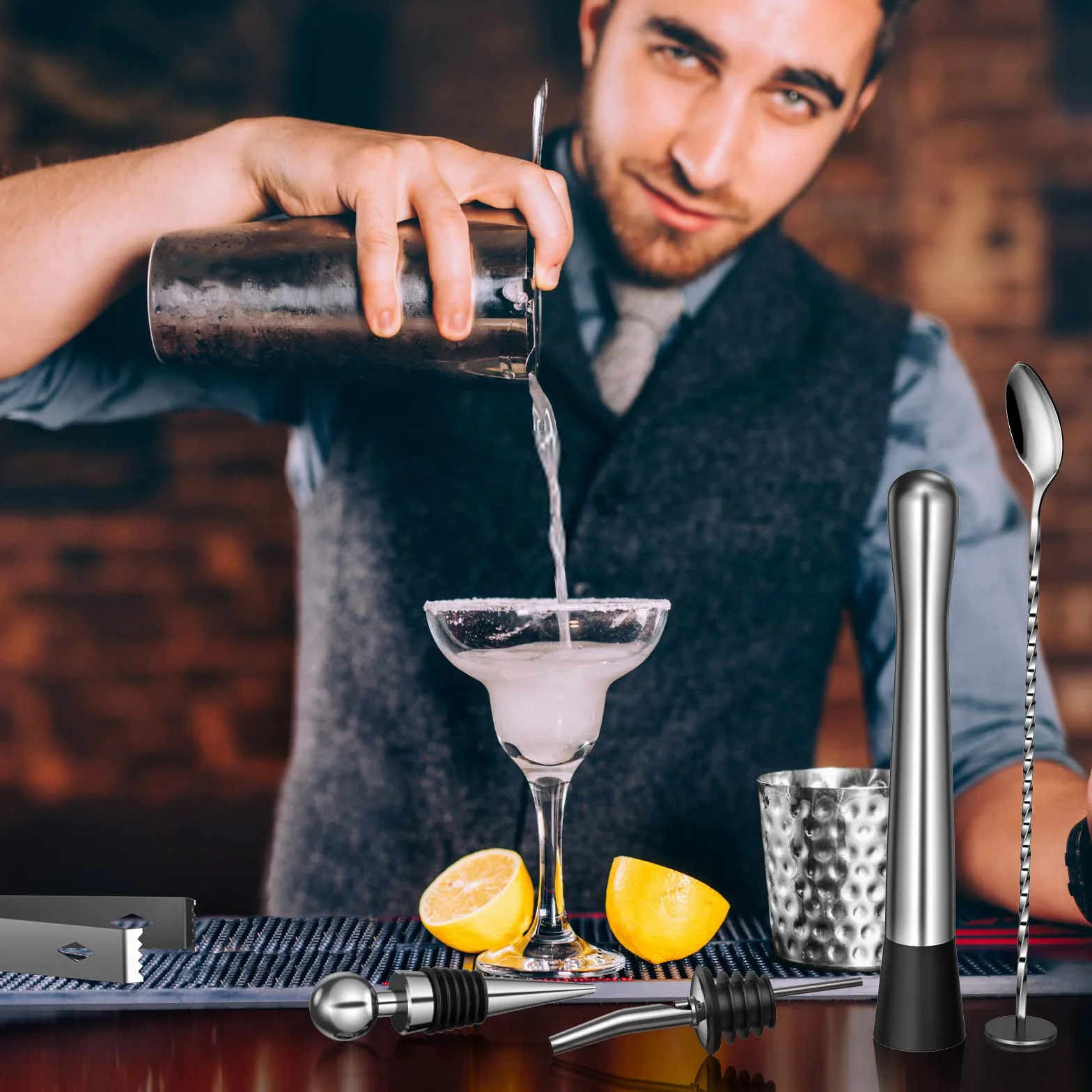 Sosayet Coctelera Profesional 750 mL, 10 Piezas Cocktail Kit con Jigger 15/30 ml, Mortero de Cóctel, Bartender kit Regalos para Hombres Amantes del Cocktail