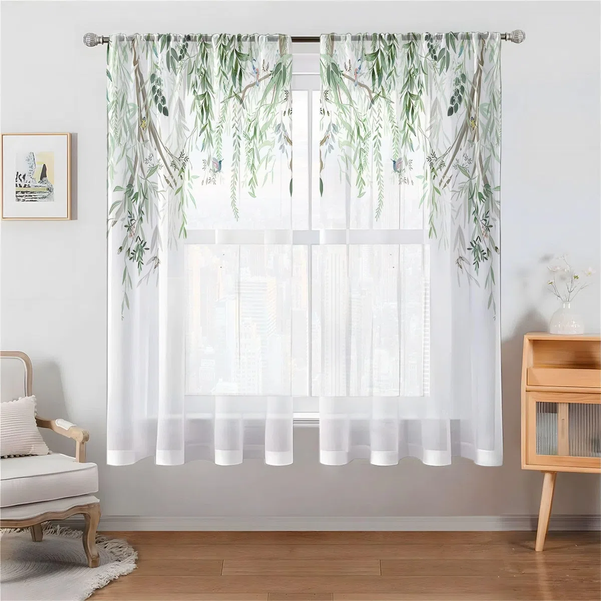 Odot Cortinas de Salon Translucidas con Bolsillo para Barra, Patrón Hoja Verde 3D Cortina Ventana Visillo Moderna 2 Piezas para Decoracion Dormitorio Comedor Cocina