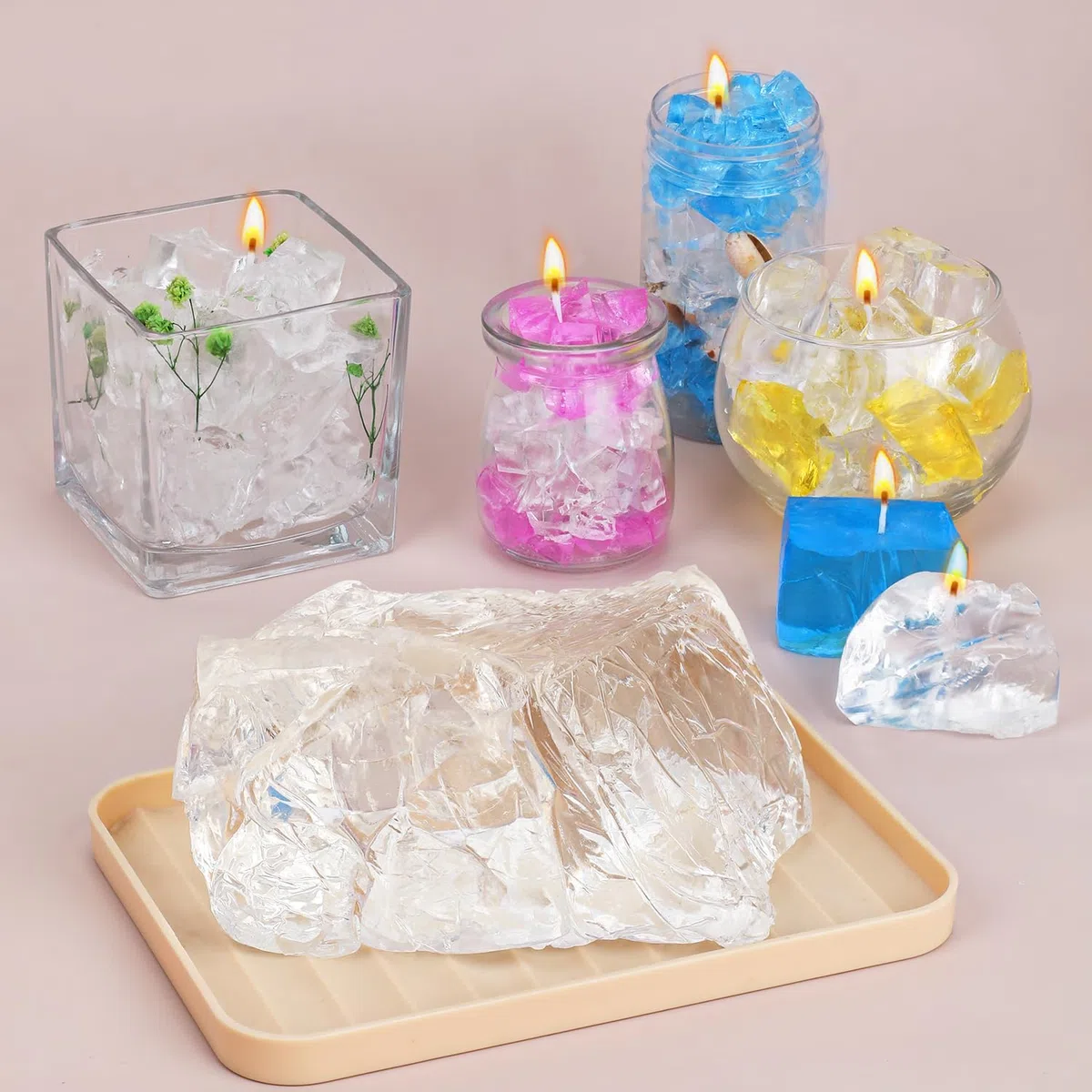 Blingfun Kit Completo para Hacer Velas de Gel - 4 Pastillas de Cera de Gel，50 Mechas，50 Pegatinas - Suministros para Velas Aromáticas Artesanales - Incluye Cera Jelly Transparente para Decoración