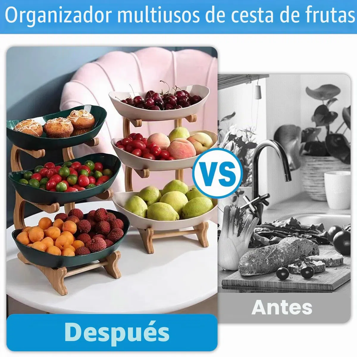 Cesta de frutas de 2 niveles, estante para verduras, cesta de pan, estante de madera de polipropileno, bandeja de servir, cestas de frutas, estante de almacenamiento de verduras para cocina, hogar