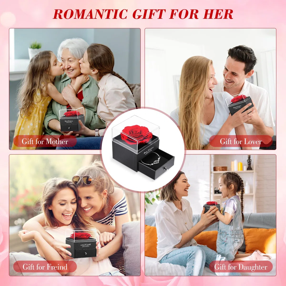 ALLOMN Rosas regalos para mujeres, mamá, novia, rosa real eterna conservada, rosas infinitas, caja de regalo con I Love You pulsera para el día de la madre, cumpleaños, día de San Valentín
