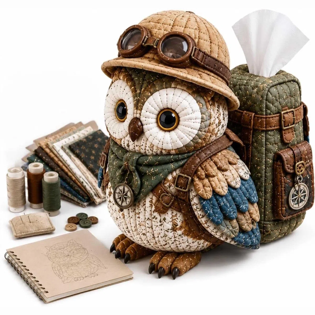 Genérico Kit costura DIY para caja de pañuelos acolchada con diseño búho sabio, kit patchwork DIY con diseño de animales, funda para soporte búhos hecha a mano para adultos y principiantes (#E)