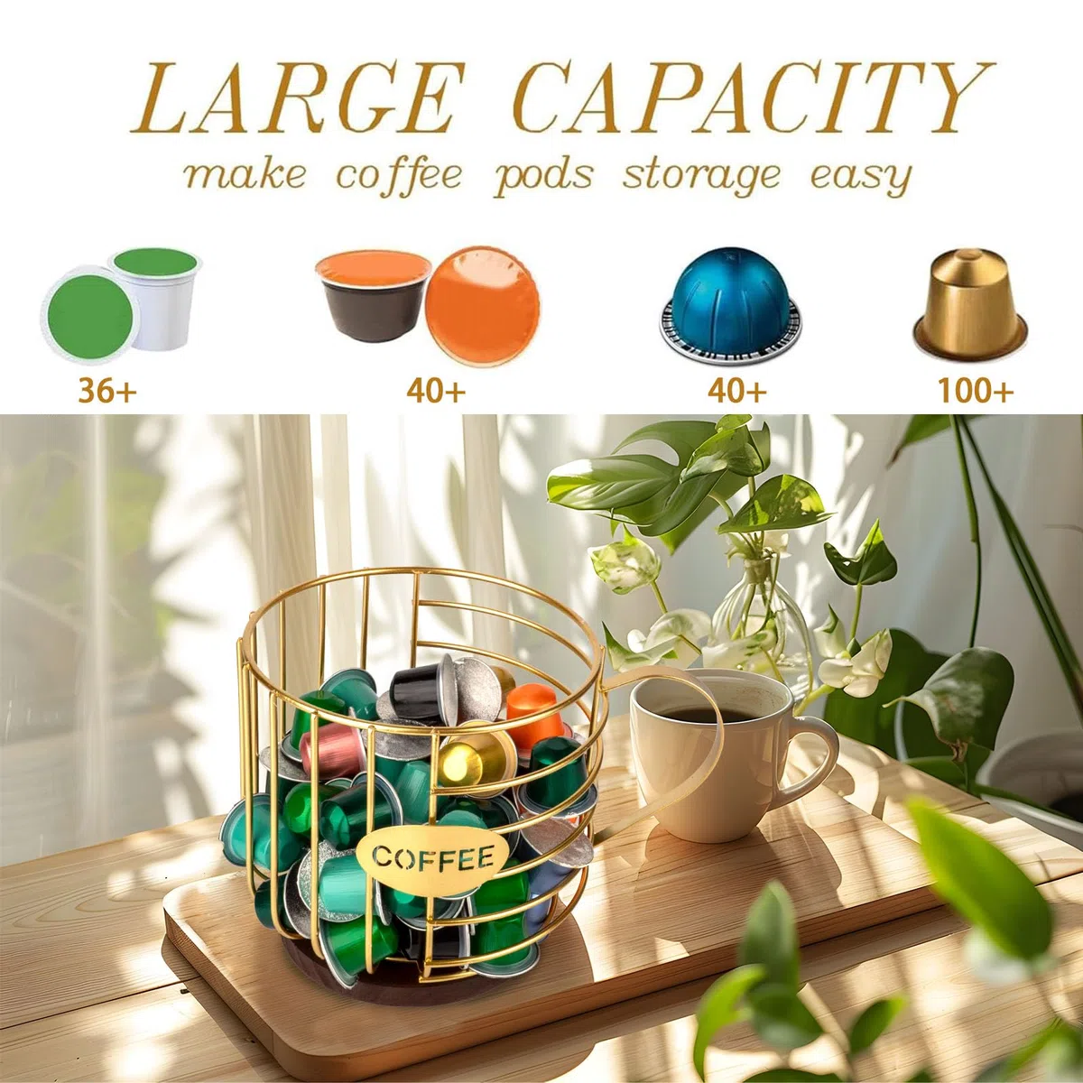 Cesta de Almacenamiento para Cápsulas de Café,Organizador de Cafe Soporte para Cápsulas de Café,Porta Capsulas Cafe, para Guardar Cápsulas de Café y Frutas (Dorado)