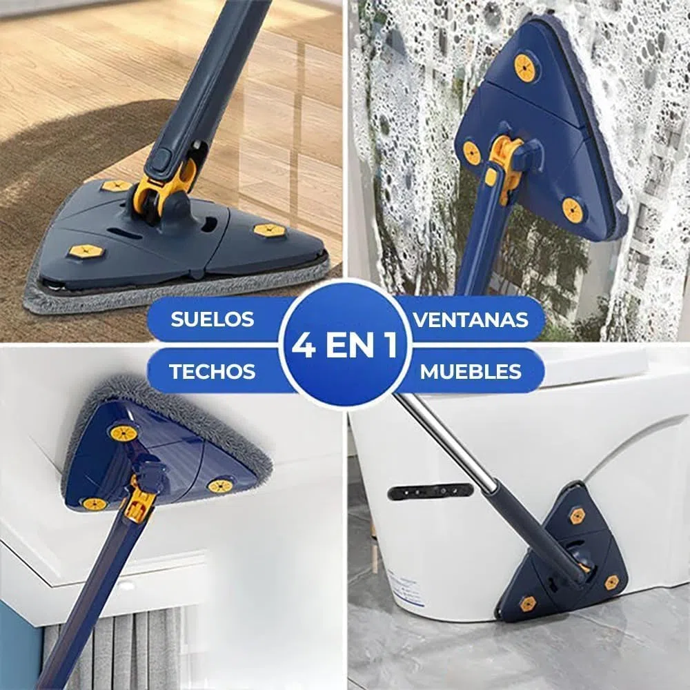 Mopa Triangular Giratoria 360 para Limpiar Suelos, Paredes, Ventanas, Techos y Muebles. Fregona Triangular Giratoria Microfibra, Función Autoescurrible, Incluye 2 Recambios